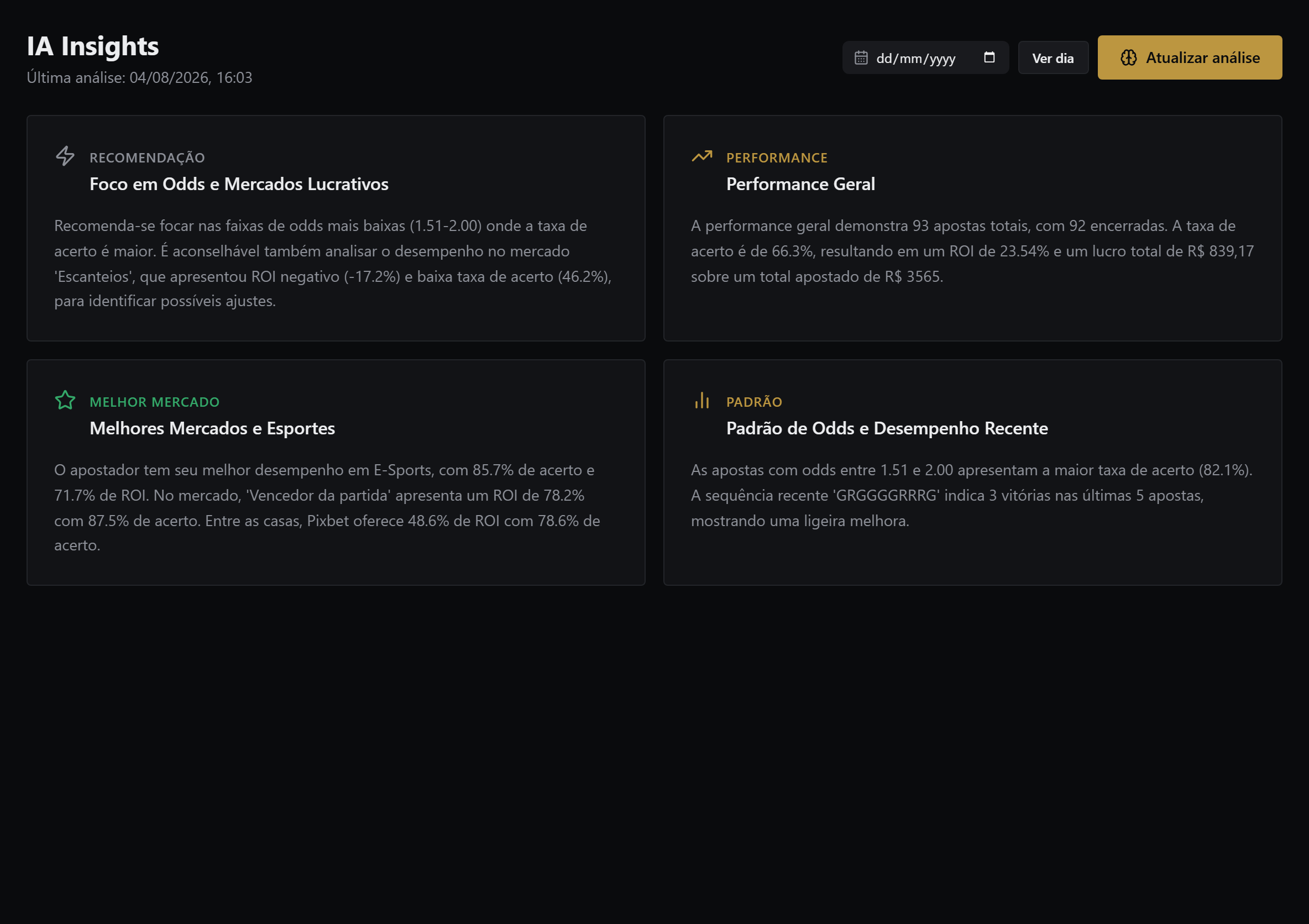 Tela de IA Insights da Que Análise